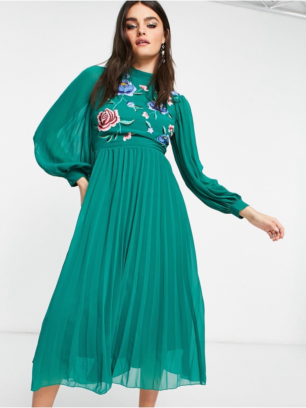 ASOS Green Floral Embroidered Pleated Midi Dress